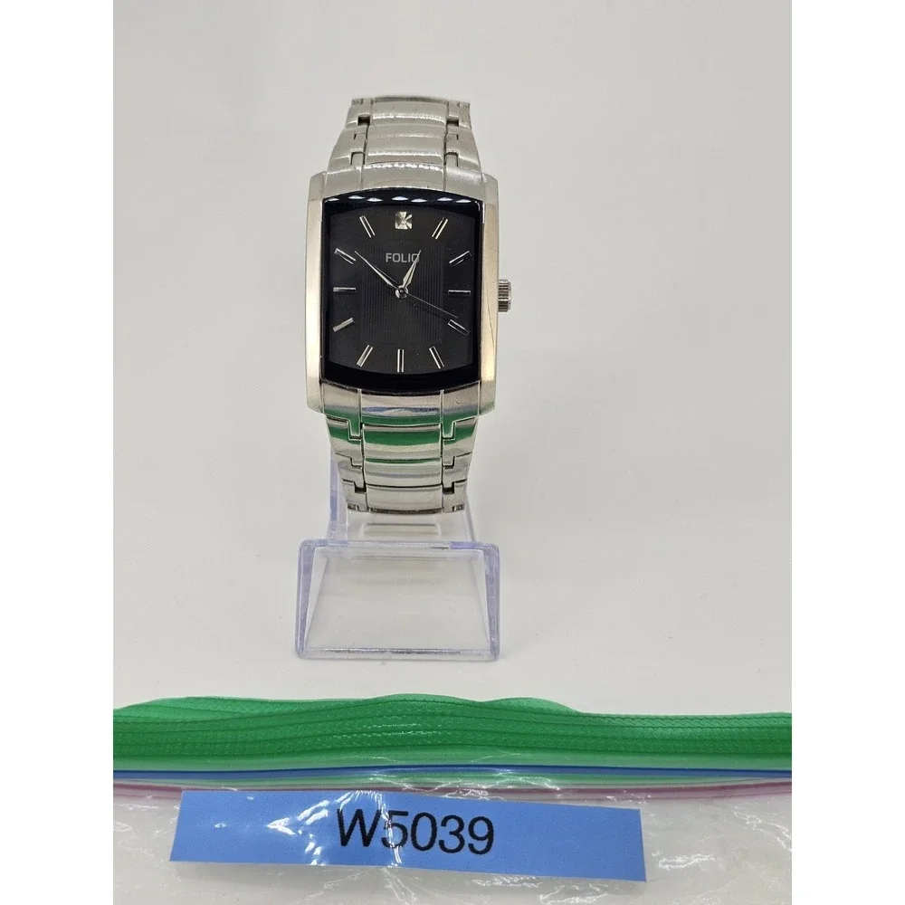 Folio Men's Diamond Watch 35MM Black Dial‎ Gray Bracelet Band 7